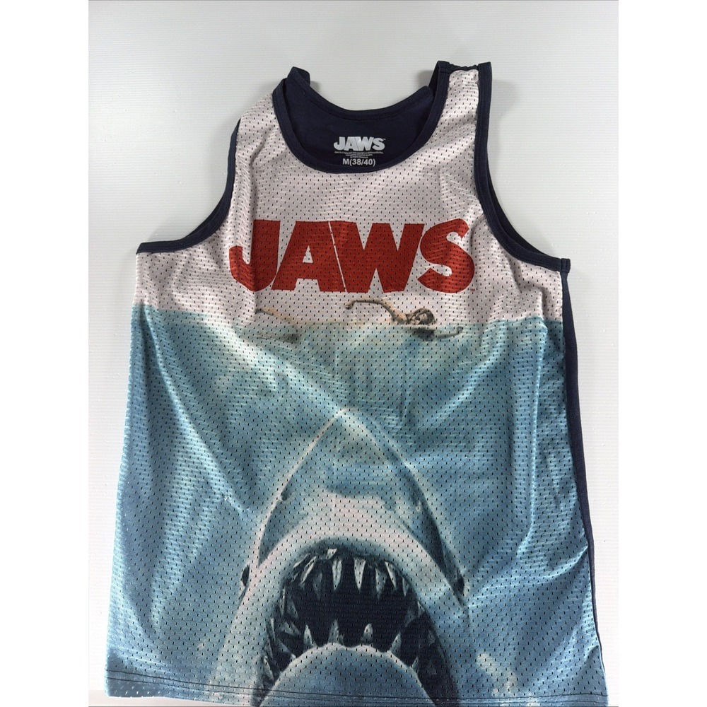 JAWS Shark Graphic Tank Top Shirt Mens M Blue Movie Poster Sleeveless Summer